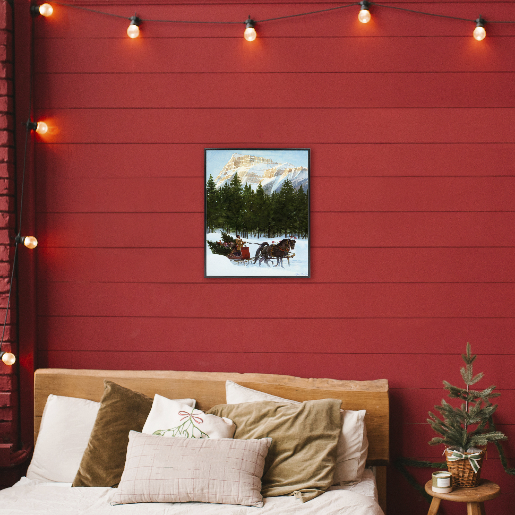Sleigh Ride Carrying Trees Black Framed Giclee Art, design by Wind River Studios