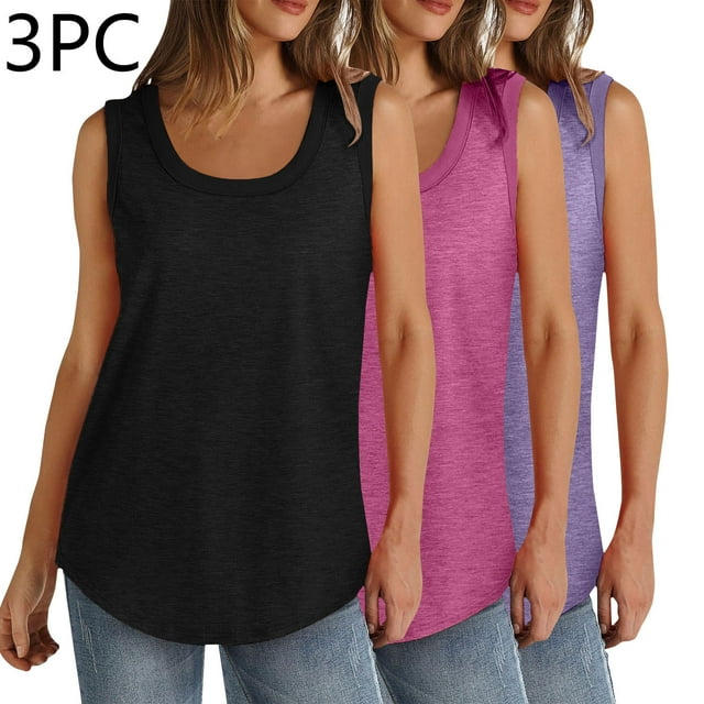 VKOYWKM 3 Pack Tank Tops for Women Plus Size Sleeveless Tops Loose Casual Solid Color Basic Tees Ribbed Knit Crew Neck Tank Tops Cuve Hem Tank Tops