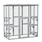 PawHut Outdoor Wooden Cat House with 6 High Ledges, 71 in, Gray