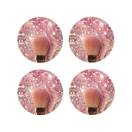 

Drink Coasters Set of 4 Makeup Brush on Pink Glitter Leather Coasters for Coffee Table Protector Heat Resistant Cute Coasters for Home Decor Housewarming Gifts Bar Kitchen 4 Inch Round Shape