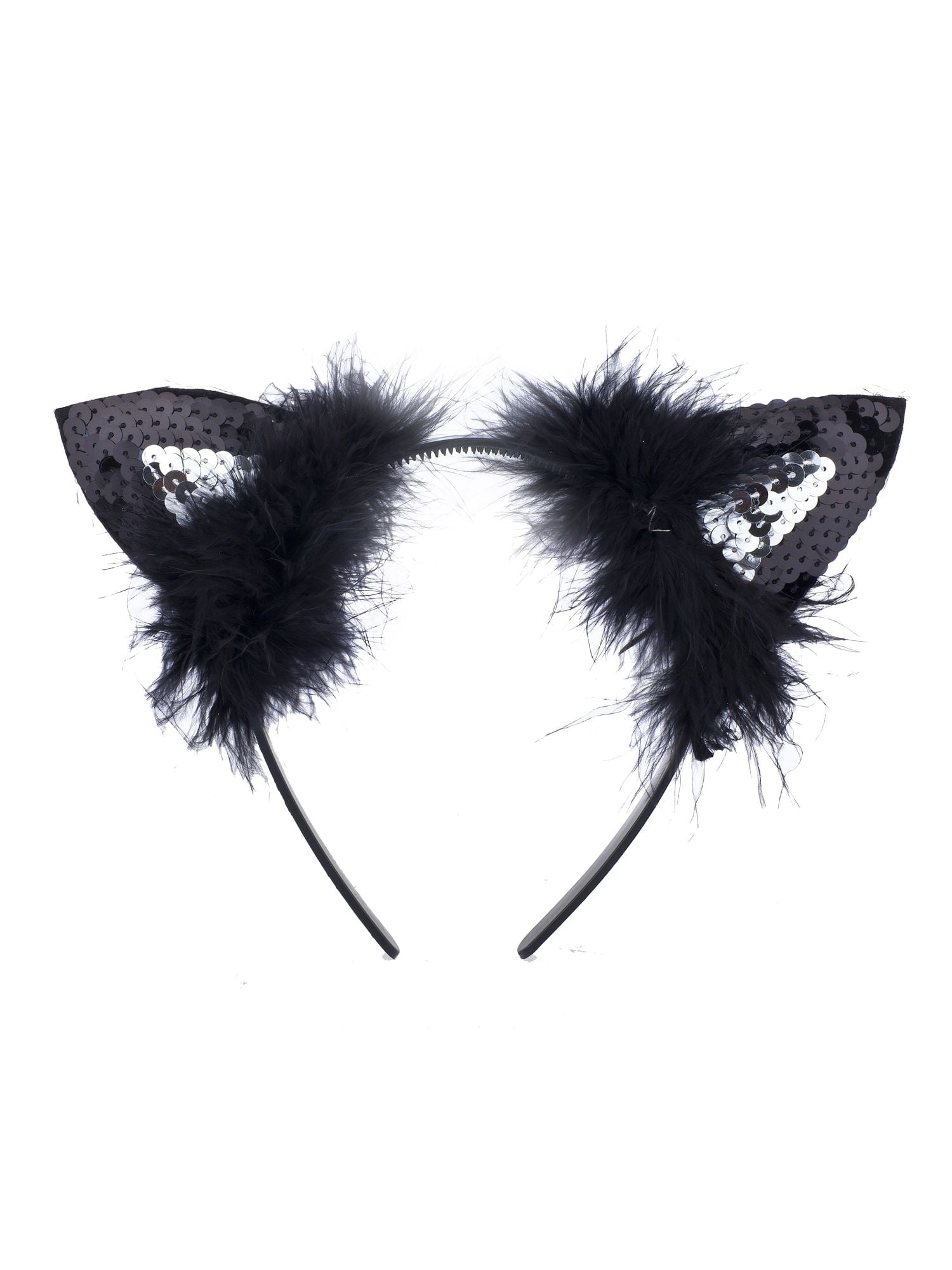 Lux Accessories Black Silver Sequined Cat Ears Furry Cute Fun Fashion ...