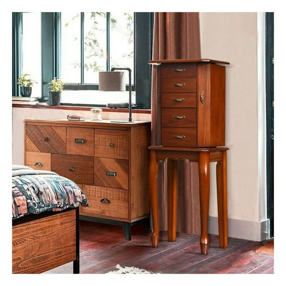 Jewelry Cabinet with 5 Drawers, Walnut Finish - Large Jewelry Armoire with Mirror, Free-Standing Organizer for Necklaces, Earrings, Watches & Accessories