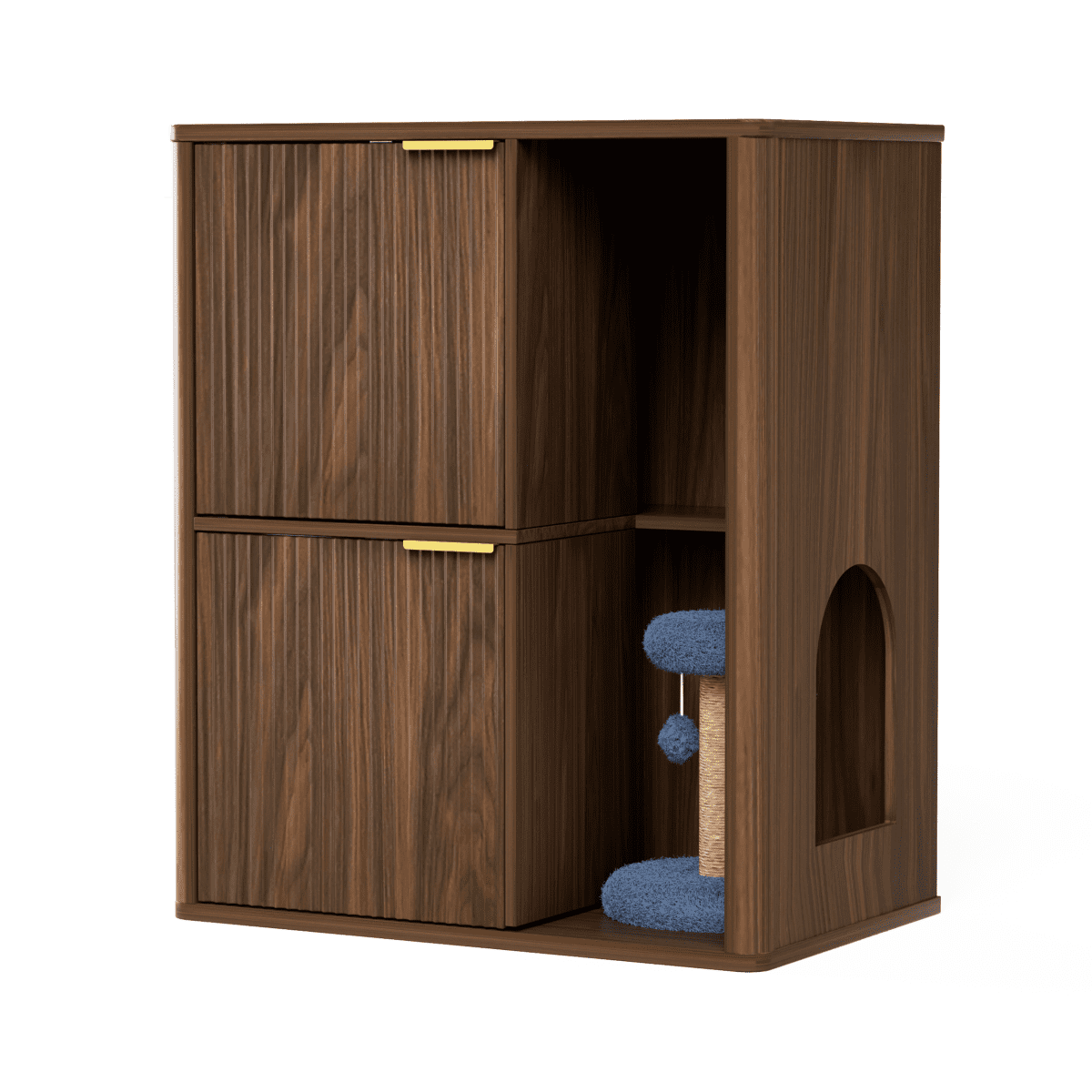 LuckyNote Cat Litter Cabinet with Cat Tree, 31.5" Walnut Hidden Litter Box Furniture with Dual Cat Doors & Storage Shelf, Mid-Century Modern Pet Cabinet