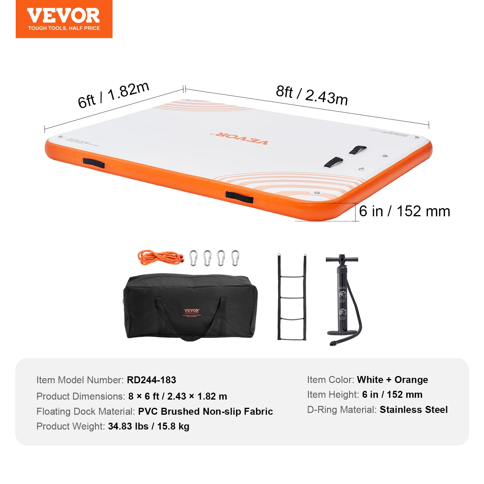 VEVOR Inflatable Floating Dock, 8 x 6FT Inflatable Dock Platform, Non-Slip Water Floating Dock Mat with Detachable Ladder & Portable Carrying Bag, Floating Platform Island Raft for Ocean Pool Beach