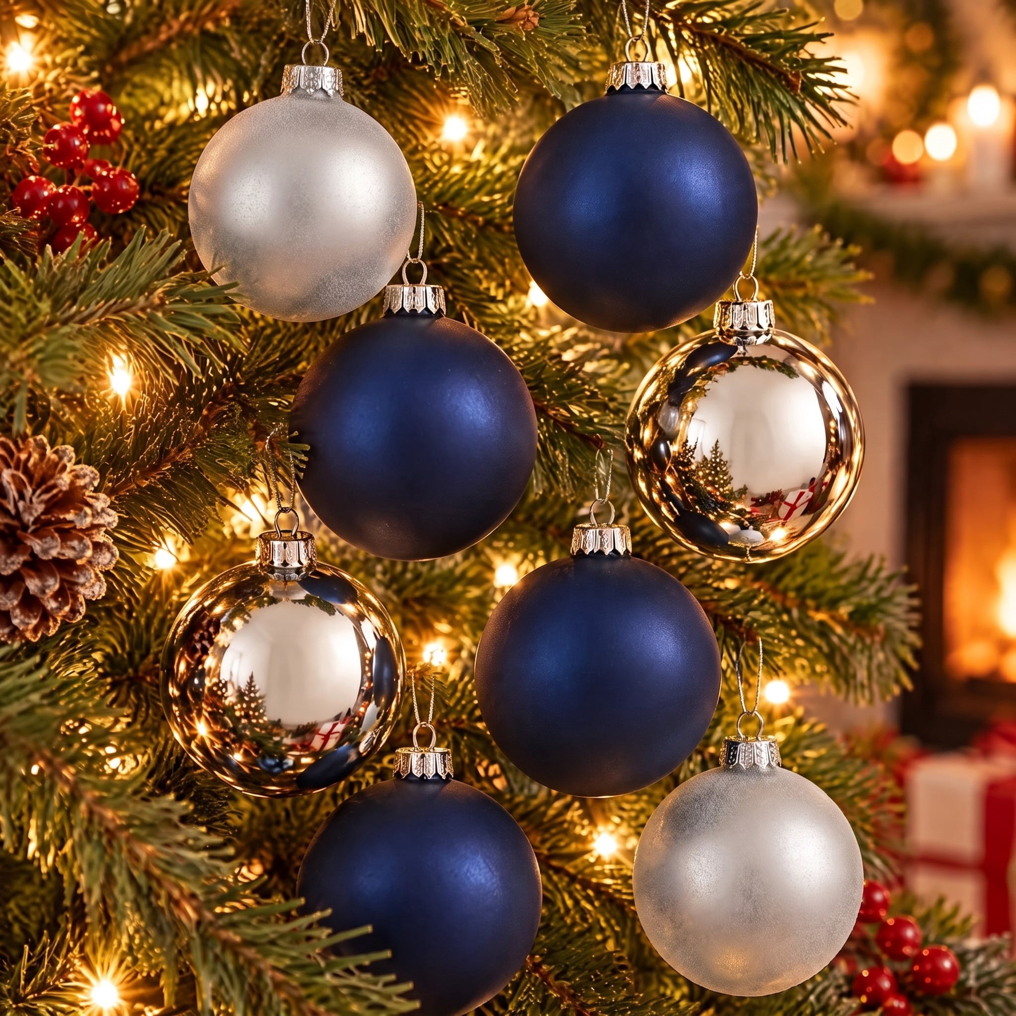 8-Count Navy and Silver Ball Shatterproof Christmas Ornaments, 4.5", by Holiday Time