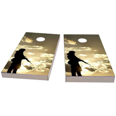 Skip's Garage Soldier Silhouette at Dusk Solid Wood Cornhole Board Set