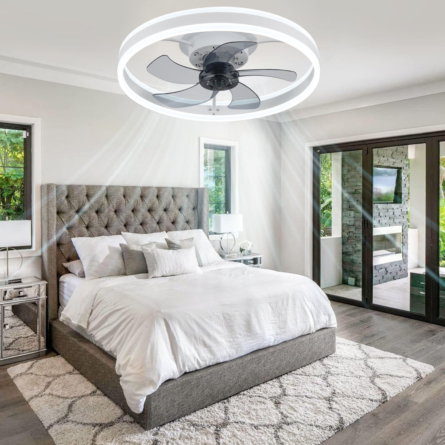 JLPAN Low Profile Ceiling Fans with Light and Remote, 19.7in Ceiling Fan with Light Flush Mount Dimmable LED Fan Light Modern Ceiling Fans for Bedroom