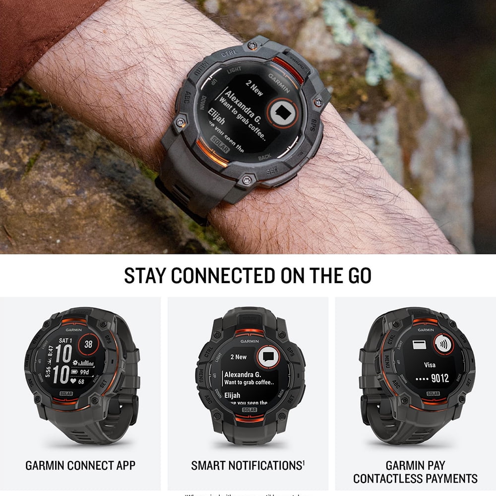 Garmin Instinct 3 50 mm Outdoor GPS Smartwatch SOLAR, Black w/ Charcoal Band Bundle with Deco Essentials Charging Dock for Venu 3 + Silicone Dust Cover + Tempered Glass Screen Protector (2-Pack)