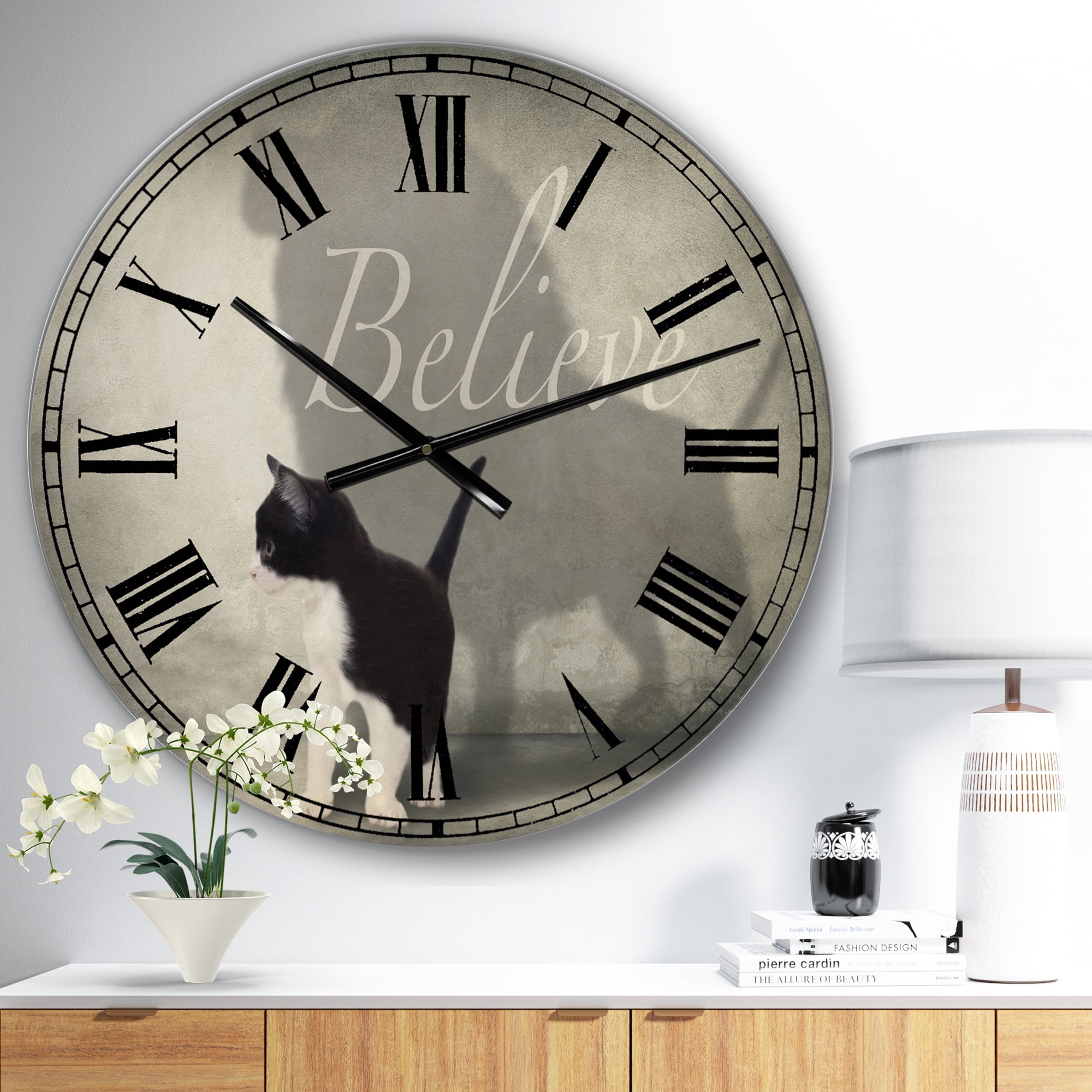 Designart Oversized Black Analog Round Cottage Modern Wall Clocks, CLM25478-C23