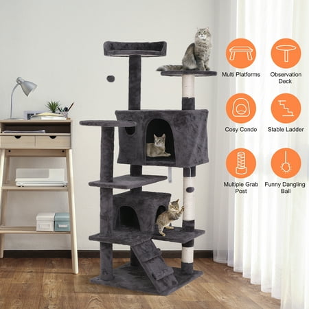 HomGarden 55''H Multi-Level Cat Tree Condo W/Scratching Post Tower & Perch, Play House Dark Gray