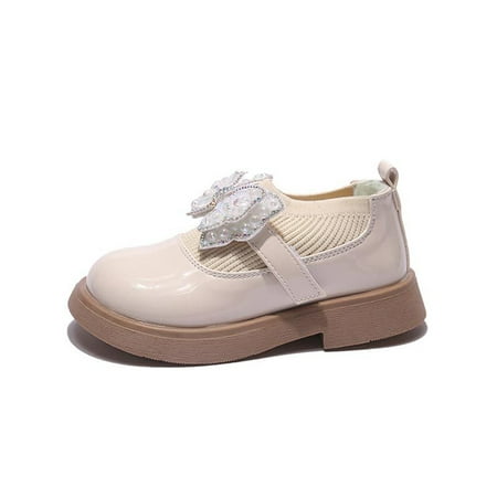

Difumos Girls Princess Shoe Bowknot Dress Shoes Slip On Flats School Casual Mary Jane Comfort Uniform Loafers Beige with Warm Lined 6.5C