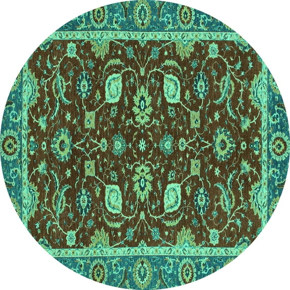 Ahgly Company Machine Washable Indoor Round Oriental Turquoise Blue Modern Area Rugs, 5' Round