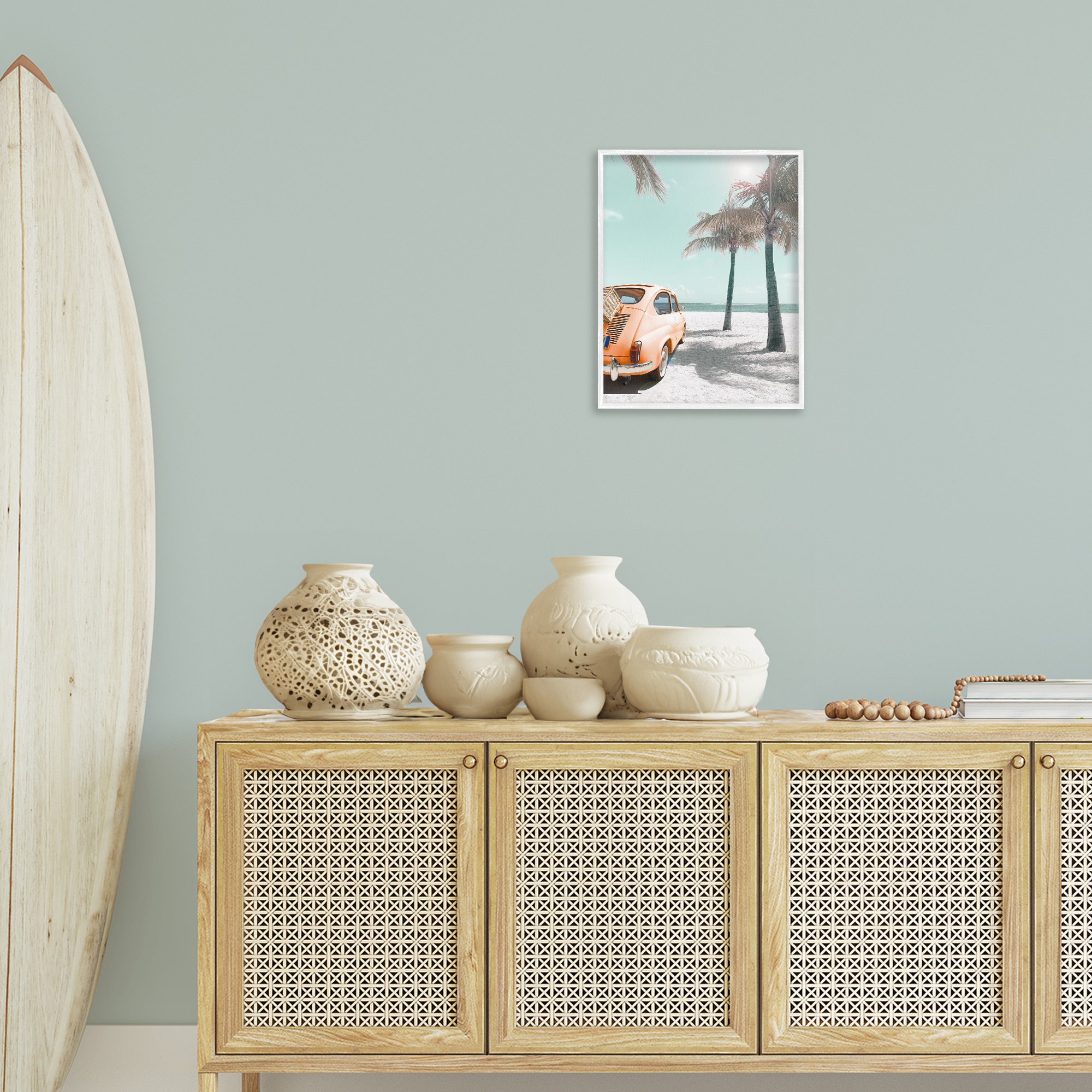 Stupell Industries Orange Car on Beach Coastal Painting White Framed Art Print Wall Art, 16 x 20
