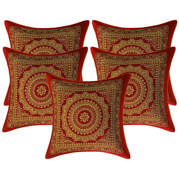Stylo Culture Ethnic Boho Sofa Brocade Burgundy Maroon And Gold Decorative Throw Pillow Covers 12x12 Jacquard Weave Banarsi Outdoor Pillow Covers Mandala Floral 30x30 cm Cushion Covers (Set Of 5)