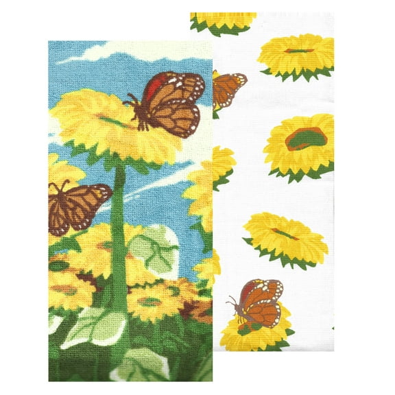Celebrate Fall Kitchen Towel 2 Piece Sunflower Fields Butterfly Print, 15 x 26 Inches, Cotton Multi-Color