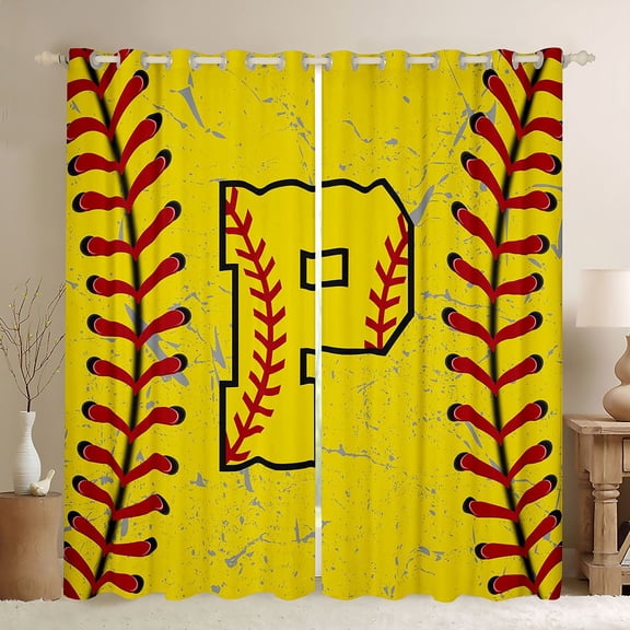 Manfei Letter P Monogrammed Black Out Curtains,Baseball Game Curtains Pack of 2 (42x63 Each),Yellow Red Bedroom Curtains For Boy,Microfiber Room Decorative