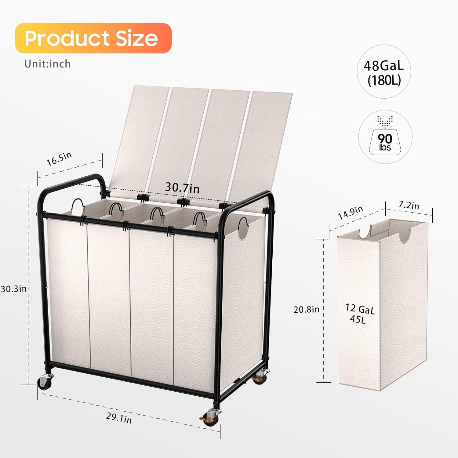 Laundry Sorter 4 Sections 48 Gal, Rolling Laundry Basket with Lockable Wheels and Lid, Laundry Hamper with 4 Separated Removable Bags Dirty Clothes Hamper for Laundry Room Organizer, White
