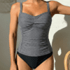 thumbnail image 4 of SOMER Women's Tankini Swimsuit 2 Piece Set Bathing Suits Tummy Control High Waisted Ruched Bikini Swimwear Black Stripe 2XL, 4 of 15