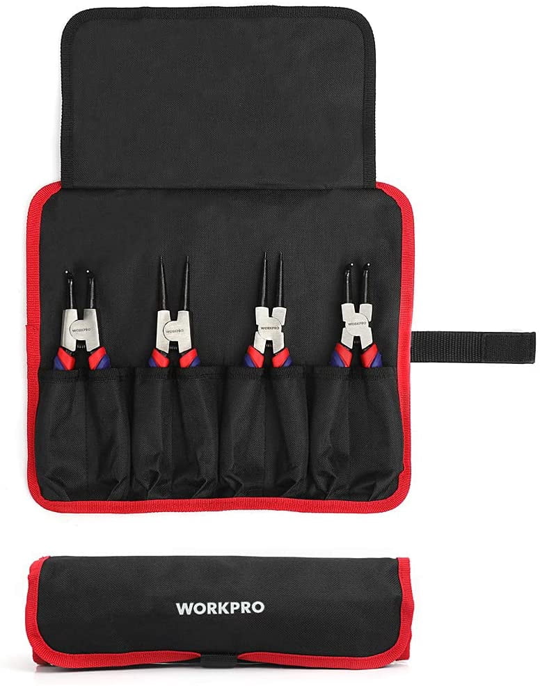 4-Piece Snap Ring Set - Heavy Duty 7-inch Internal/External Circlip Kit (Tip Diameter 5/64'')-Straight/Bent Jaw - Cr-V Steel - For Ring Remover Retaining- Storage Pouch Included