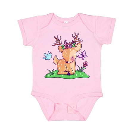 

Inktastic Cute Baby Deer with Butterfly Bird and Flowers Gift Baby Boy or Baby Girl Bodysuit