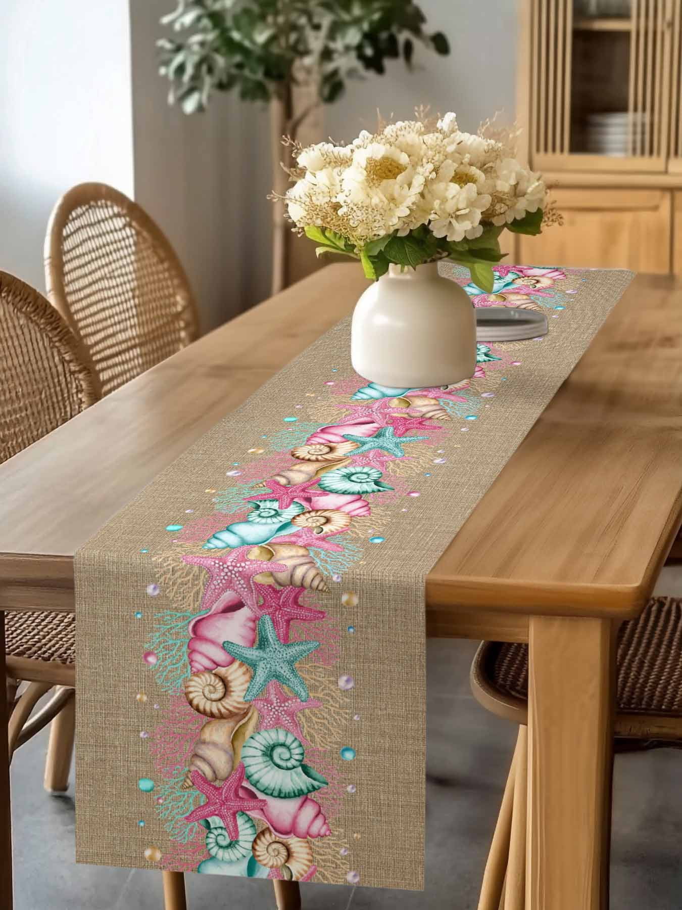 Summer Pink Table Runner, Starfish Shell Coral Beach Marine Life Brown Linen Washable Cotton-linen Table Runners Dining Kitchen Decoration for Everyday Home Wedding Party Decor, 13 x 90 Inch