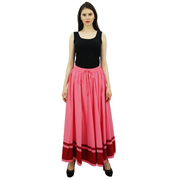 Bimba Women's Long Maxi Skirt With Contrast Border Boho Skirt With Elastic Waist