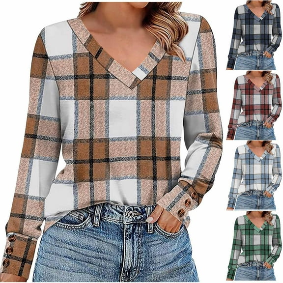 LSLJS Flannel Shirt for Women V-Neck Long Sleeve Pullover Sweatshirts Casual Loose Basic Plaid Printed Shirts Fall Outfits 2025, S-2XL