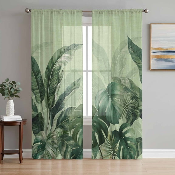Palm Leaves Tropical Sheer Curtains 108 Inch Length 2 Panels Set for Living Room/Bedroom, Green Botanical Summer Green Ombre Semi Curtain Sheers Rod Pocket Curtains Window Treatment 52''x108''x2