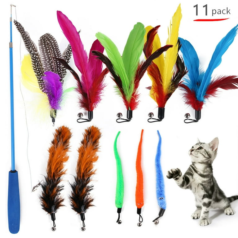 11pcs Cat Teaser Stick Caterpillar Feather Replacement Head Pet Set  Retractable Fishing Rod Cat toys
