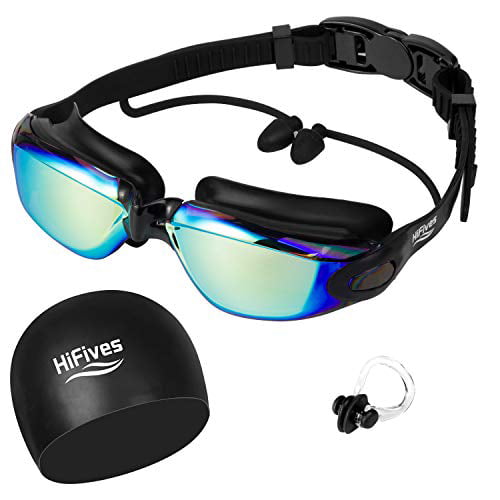 Black Nose Clip Ear Plug Anti fog UV Swimming Swim Goggle Adjustable Glasses 