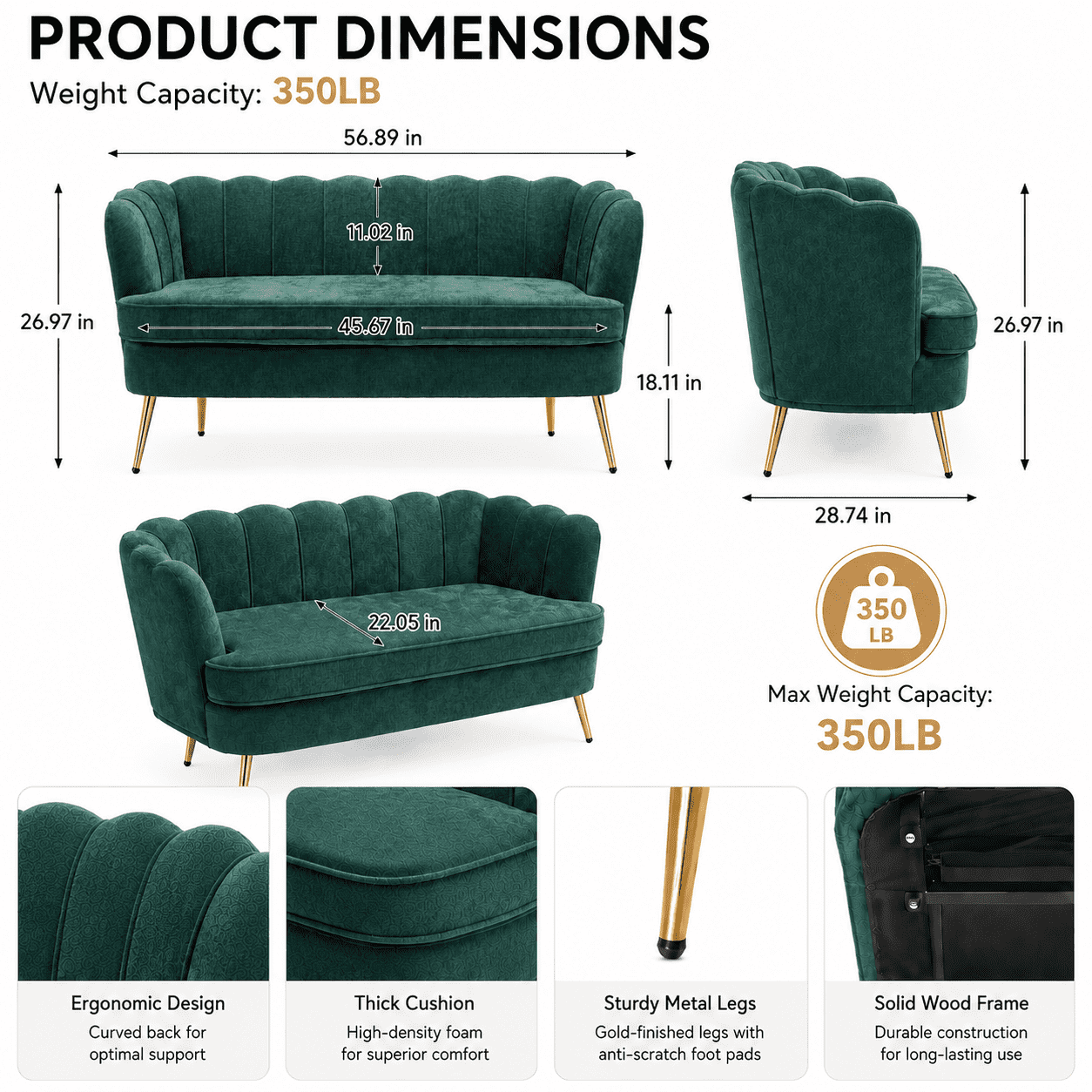 MOONMISS Chenille 2-Seater Loveseat with Gold Legs,Scallop-Tufted Curved-Back Sofa for the Living Room or Bedroom,Emerald
