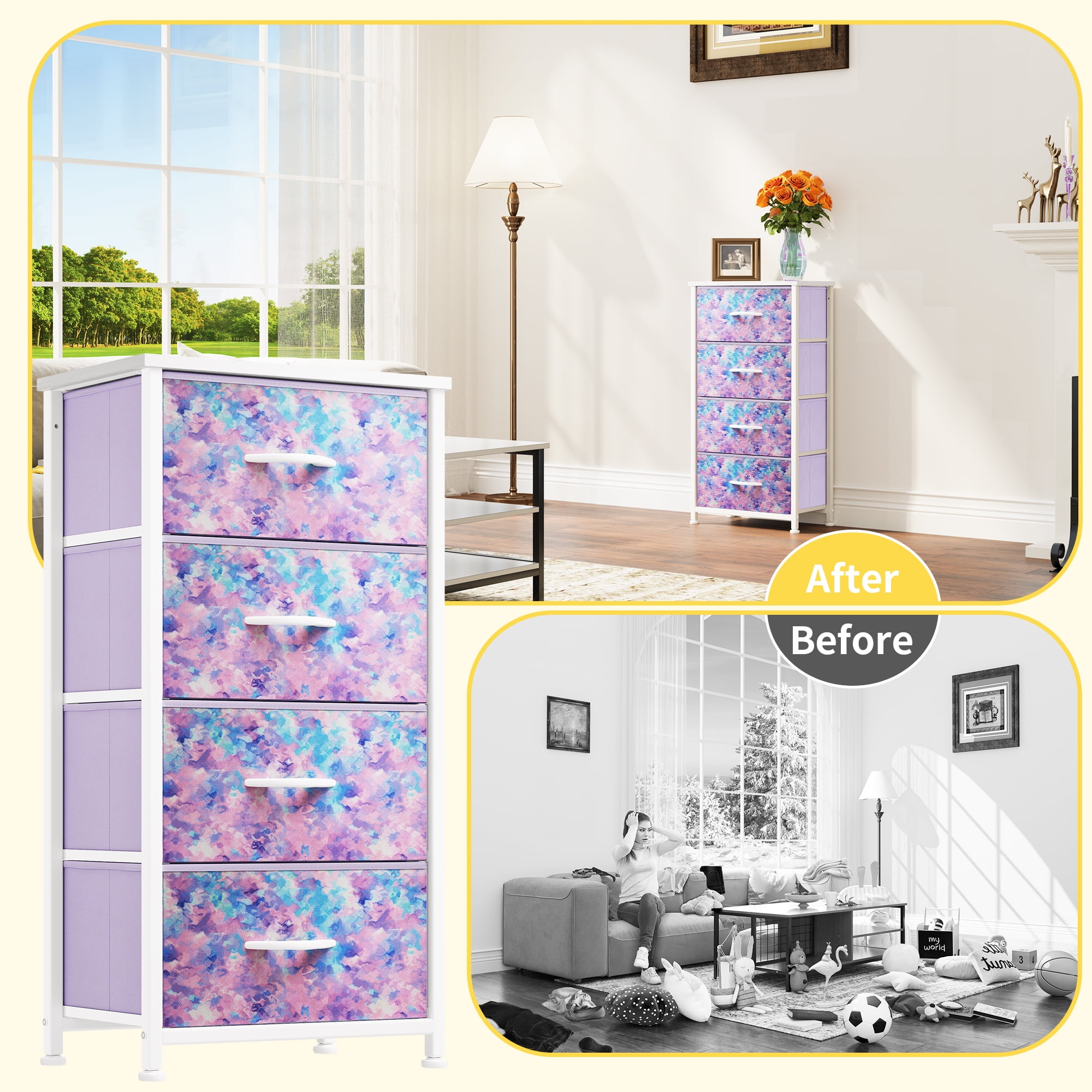 Uforic 4 Drawer Dresser Fabric Chest of Drawers Furniture Storage Organizer for Living Room,,Hallway, Tie-dye Purple
