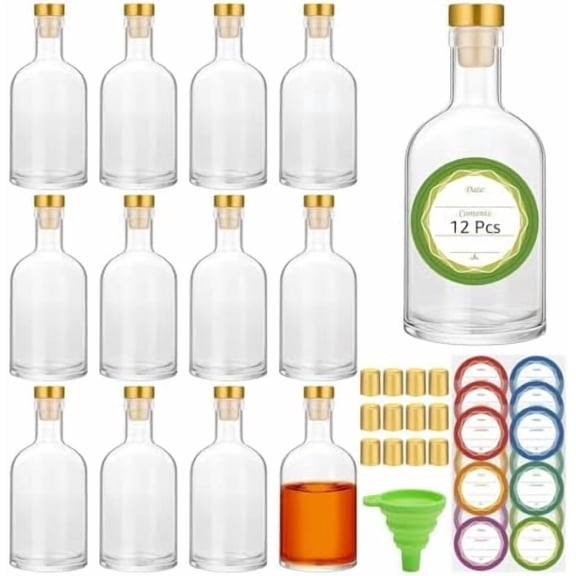 3 oz Glass Bottles with Lids,12 Pcs Small Clear 100ML Liquor Bottles with Funnel and Labels,Transparent Glass Bottles for Juice,Beverages,Beer,Soda,Water