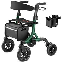 MAXWALK All-Terrain Rollator Walker for Seniors, 10" Rubber Wheels Foldable Walker with Padded Seat, Height Adjustable Mobility Walking Aid, Green