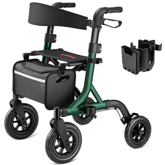 MAXWALK All-Terrain Rollator Walker for Seniors, 10" Rubber Wheels Foldable Walker with Padded Seat, Height Adjustable Mobility Walking Aid, Green