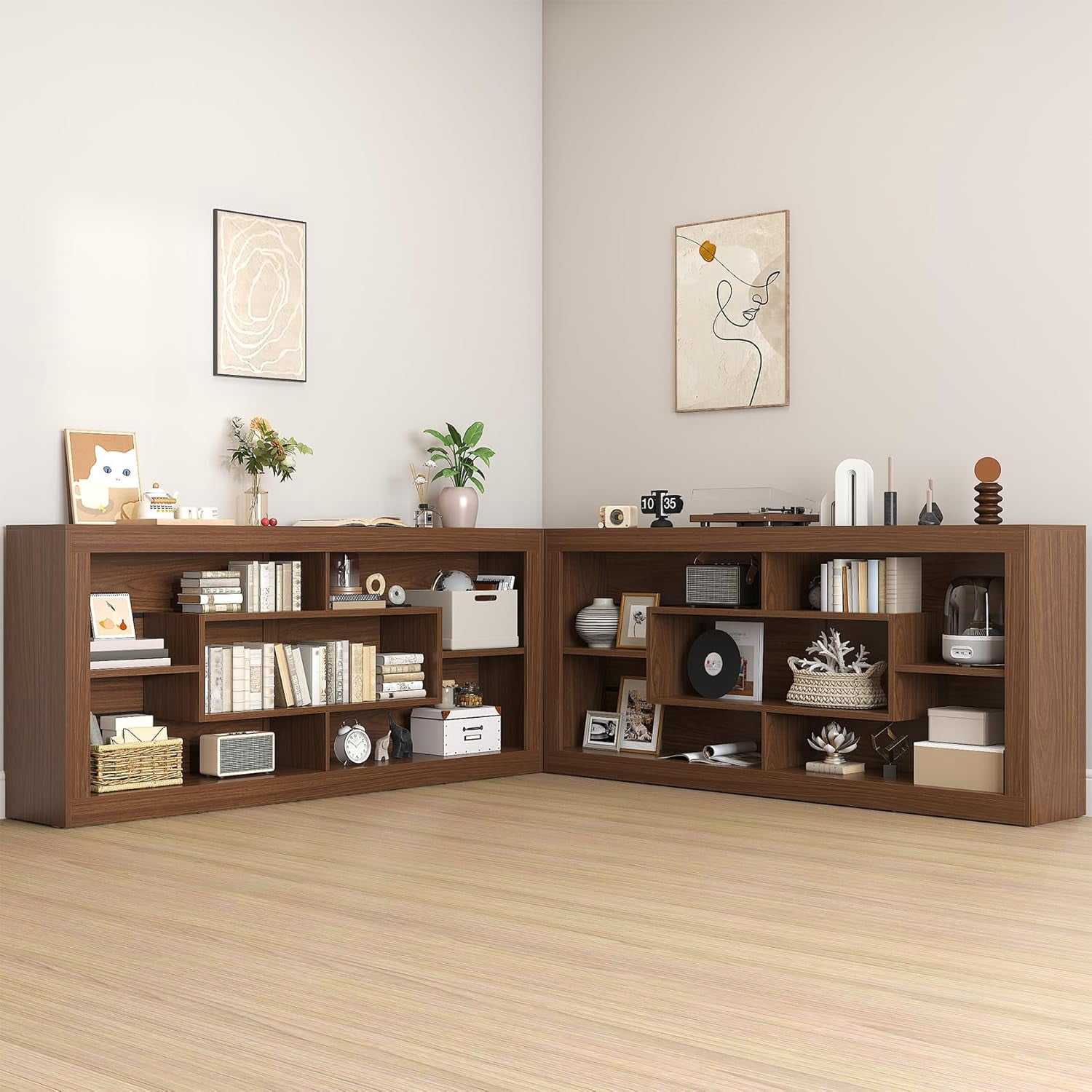 Winkalon Modern Farmhouse 7-Cube Storage Organizer Bookcase, 71” Wide Bookshelf, Large Floor Standing Cubby Shelf Unit with Anti-Tip Kit for Home Office, Living Room, Bedroom,Brown