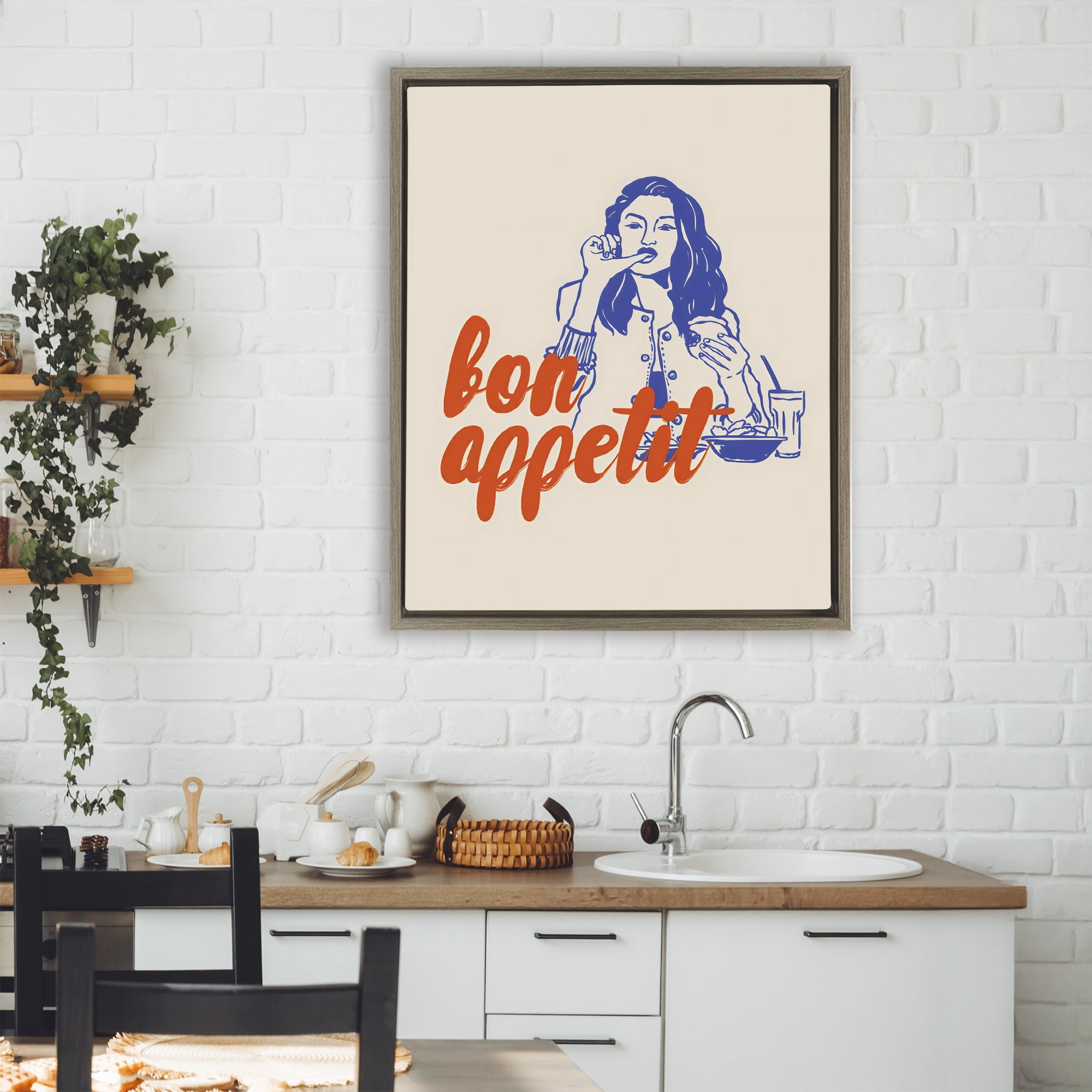 Stupell Industries Bon Appetit Woman Enjoying Meal Brown Framed Floater Canvas Wall Art, design by The Prints Vibe