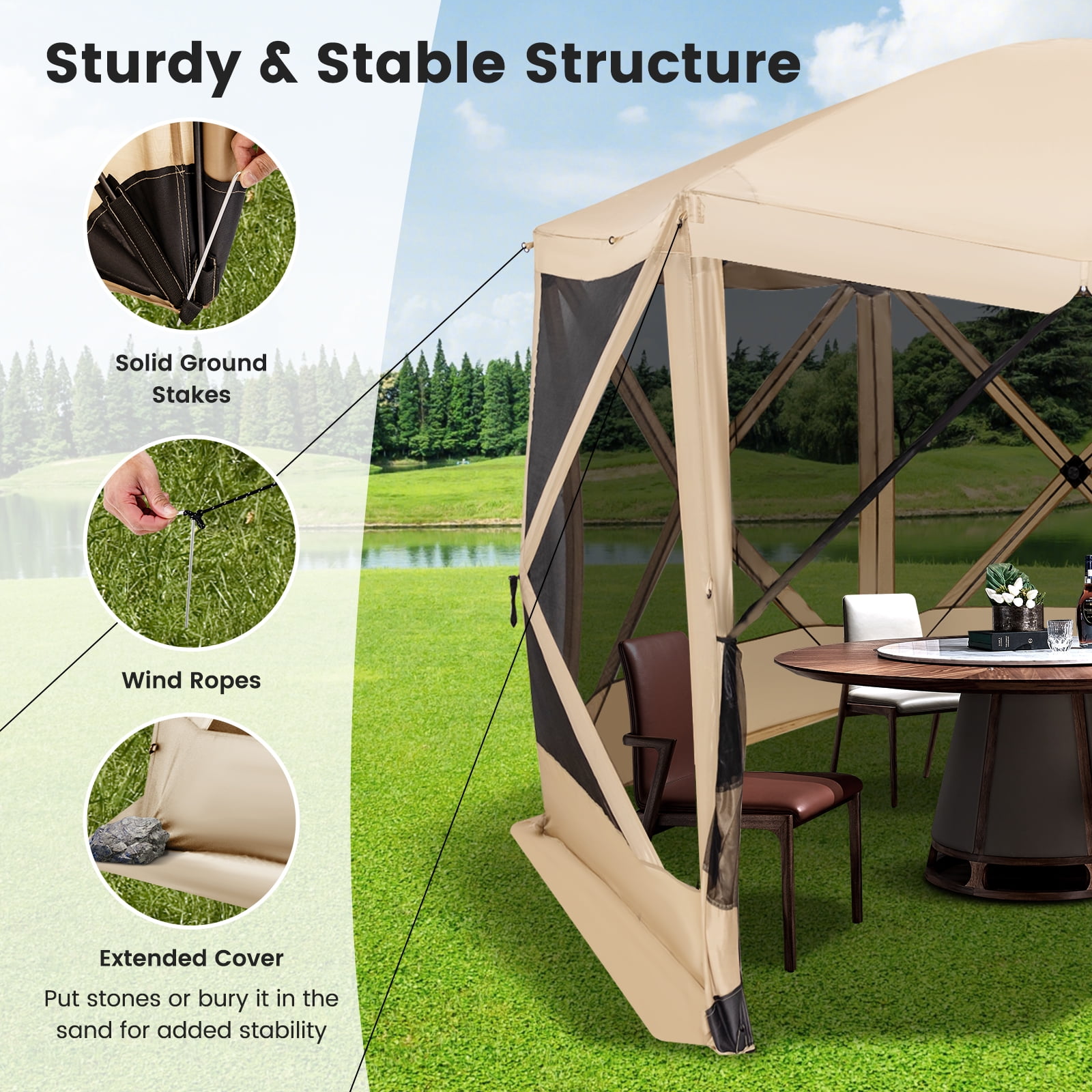 Costway 11.5 X 11.5 FT 6-Sided Pop-up Screen House Tent With 2 Wind Panels for Camping Coffee