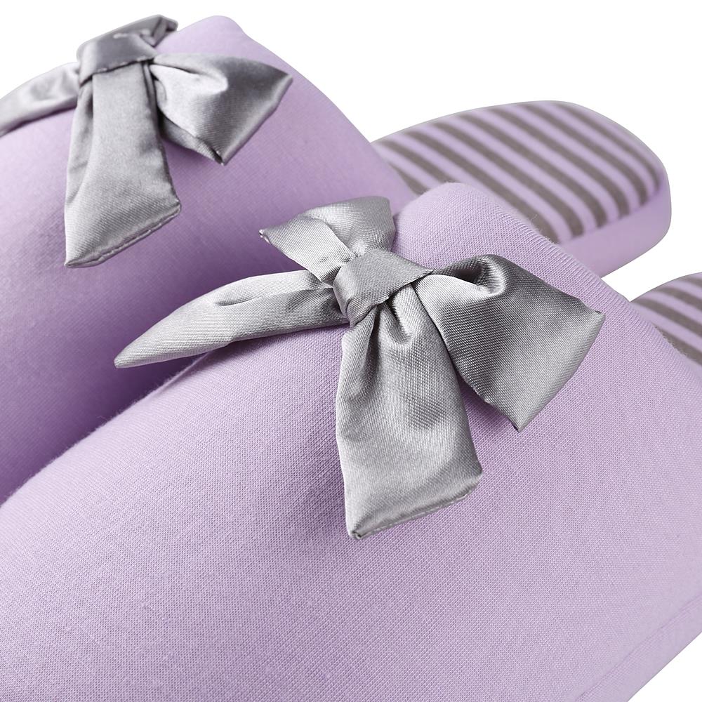 Women’s Waffle-Stripes & Bow Indoor Slippers – Plush Fleece Lined Slip-On House Shoes with Non-Slip Weather-Resistant Outsole