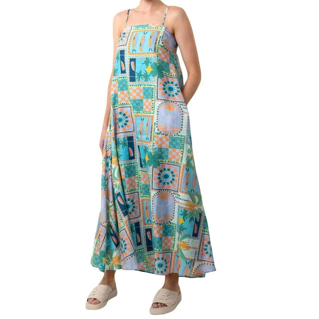 FAROOT Femmes Casual Été Longue Robe Cami Mode Imprimé Sans Manches Spaghetti Sangle Robe de Bal avec Poches