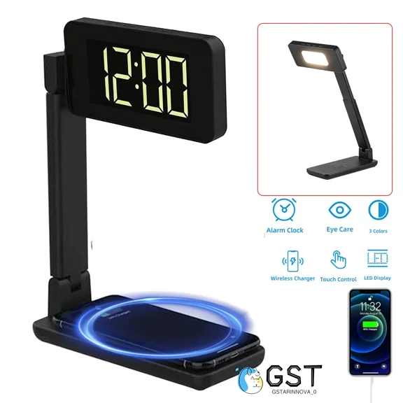 LED Desk Lamp with Wireless Charger and USB Port, Foldable, Clock and Alarm, 3-Level Dimming, Black