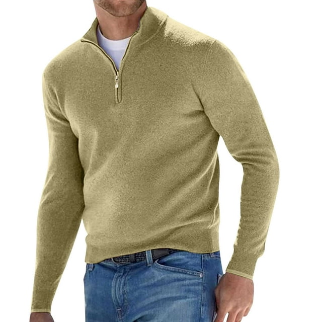 JUNWELL Mens Sweaters with Zipper Wool Sweater Stand Up Collar Solid Long Sleeved Knitted Pullovers