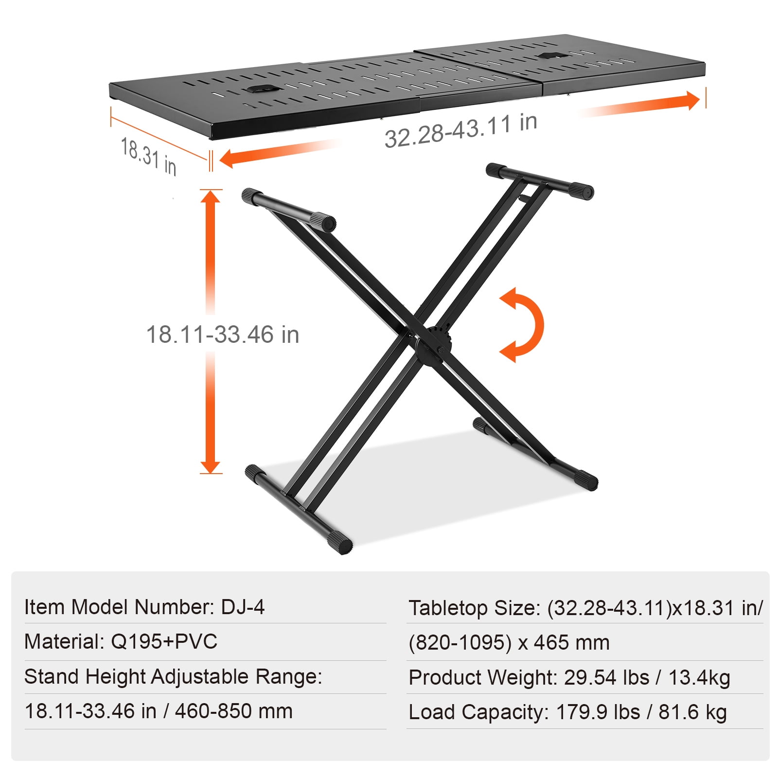 KFFKFF DJ Workstation, Adjustable (32"-43") x 18" Portable Stand for DJ Equipment, Compact DJ Desk with Dual-X Frame, Height-Adjustable for Laptops, Controllers, Foldable for Easy Transport