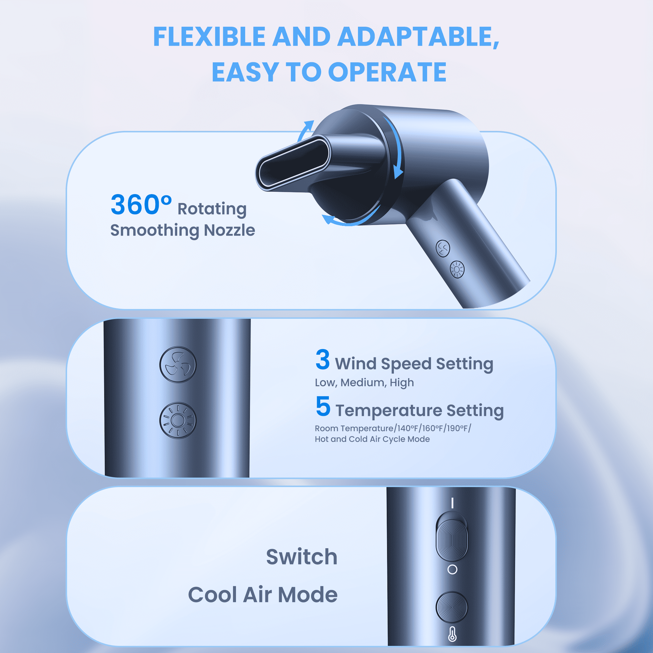 Professional High Speed Hairdryer with 150,000 RPM Motor for Fast Drying, Ionic Blow Dryer, 5 Temps/3 Speeds Lightweight Hairdryer with Magnetic Nozzle for Home Travel