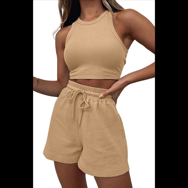 Conjuntos de Verano para Mujer, Conjunto Informal de 2 Piezas con Top Corto y Pantalones Cortos de Punto Gofre, Ropa de Dormir Color Caqui L
