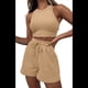 thumbnail image 1 of Conjuntos de Verano para Mujer, Conjunto Informal de 2 Piezas con Top Corto y Pantalones Cortos de Punto Gofre, Ropa de Dormir Color Caqui L, 1 of 9