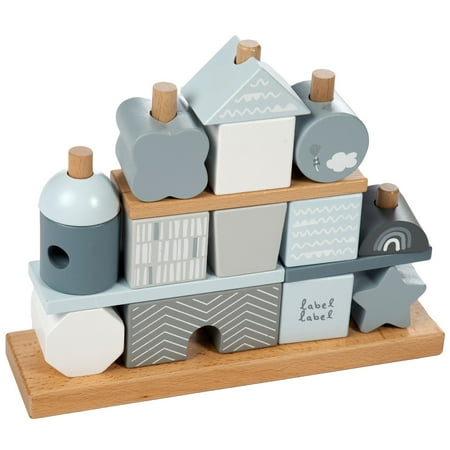 Label Label: Stacking Blocks House - Blue - Natural Wooden & Colored Blocks Creative Building Range of Shapes & Sizes Storage Rack Toddlers 18Mo+