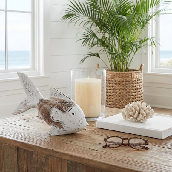 Fish Figurine for Home Decor - Coastal Wooden Sculpture for Bathroom, Office, Room, Living Room and Shelf Accents, - Hand-Carved Albasia Wood Ornament for Table or Mantel Display - 6", Brown