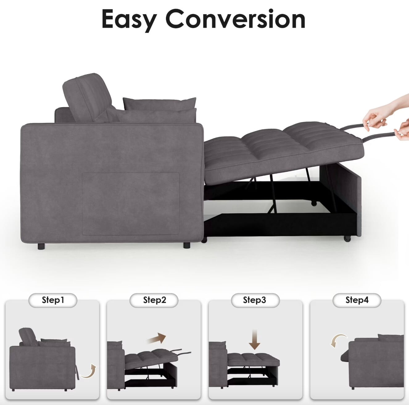 ShiKeyi 3 in 1 Convertible Sleeper Futon Sofa Bed, 55" Pull Out Sofa Bed with Storage Pocket/Side Pocket/2 Pillows for Living Room, Dark Gray