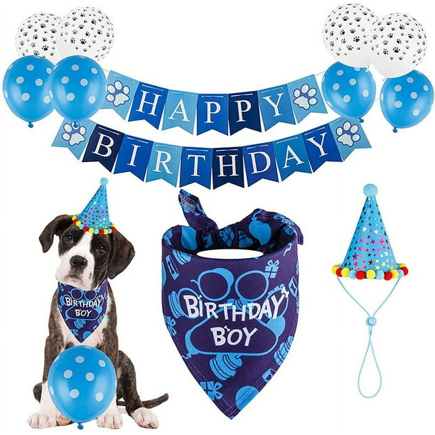 Bandana de cumpleaños para perro, sombrero de cumpleaños para perro, bufandas, globo de bandera con lindos suministros para fiesta de cumpleaños para perrito (juego de 11 piezas) (azul)